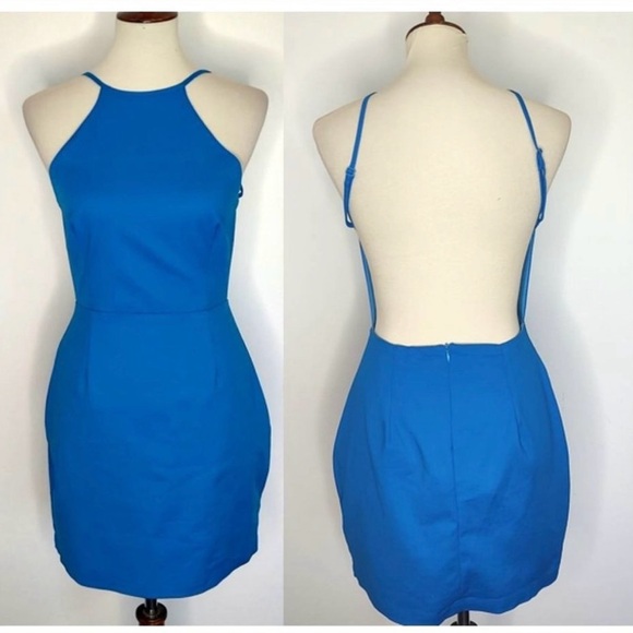 Super Down Dress sz L Blue Selena Bodycon Mini Open Back High Neck Revolve - Picture 5 of 12